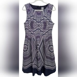 Sleeveless Navy and White Patterned Fit-and-Flare Dress